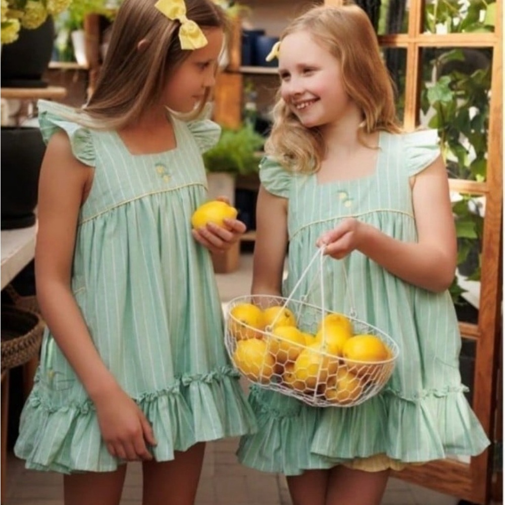 Mint Green Striped Flutter-Sleeve Girls Pinafore with embroidered lemons